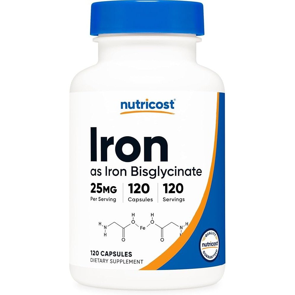 نوتريكوست (Nutricost) مكمل الحديد، لتعويض مخزون الحديد ودعم خلايا الدم الحمراء، كبسولات، 25 ملغ - 120 كبسولة