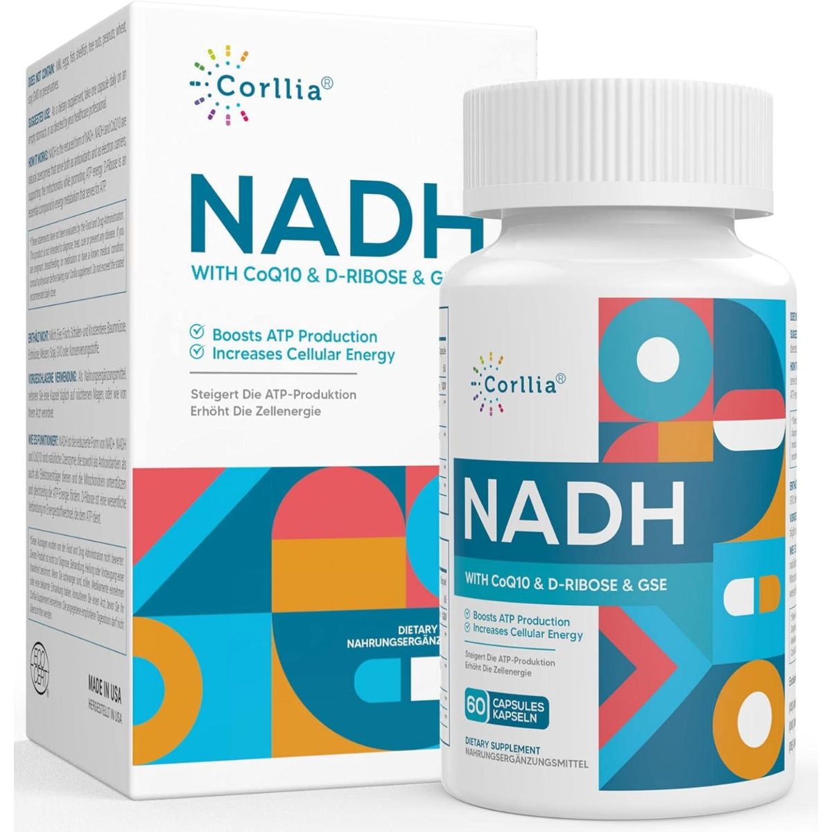 كورليا (Corllia) NADH مع CoQ10 و D-Ribose و GSE لدعم الطاقة الخلوية، كبسولات - 60 كبسولة