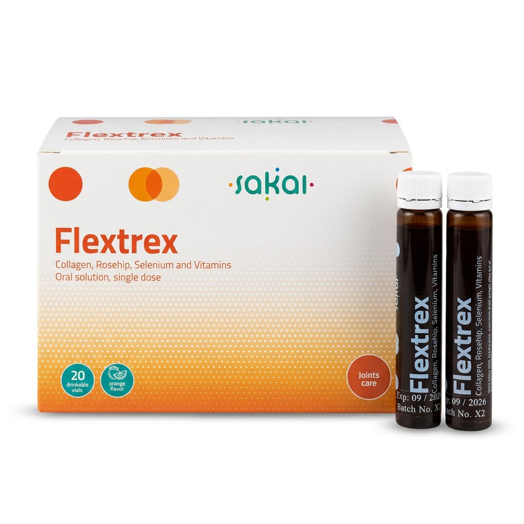 فليكس تريكس (Flextrex) فيتامين د3، حمض الأسكوربيك، سيلينيوم، وردة الورد، كولاجين متحلل، أمبولات فموية - 20 أمبولة
