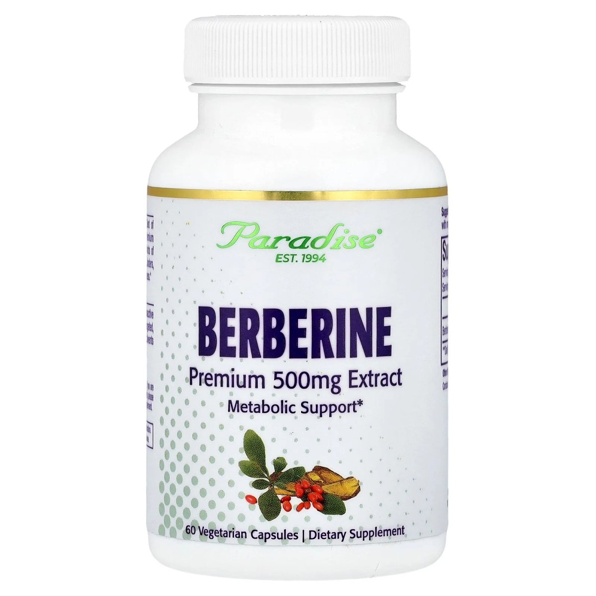 Paradise Herbs بربرين مستخلص 500 ملغ، يدعم صحة التمثيل الغذائي وصحة القلب - 60 كبسولة نباتية