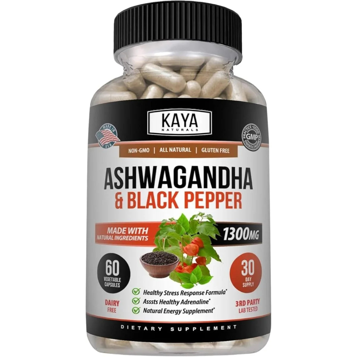 كايا ناتشورالز (Kaya Naturals) اشواغاندا وفلفل أسود، مكمل غذائي لادابتوجين، كبسولات نباتية - 60 كبسولة