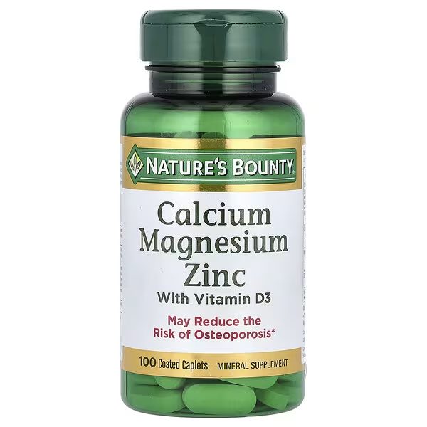 Nature's Bounty كالسيوم مغنيسيوم زنك مع فيتامين د3، يدعم العظام والعضلات والمناعة، 100 كابليت مغلف