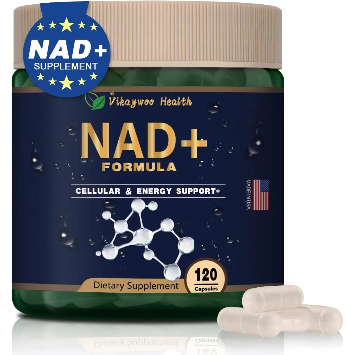 فيكايو هيلث (Vikaywoo Health) مكمل NAD+، لدعم الطاقة الخلوية وإصلاح الحمض النووي، كبسولات - 120 كبسولة